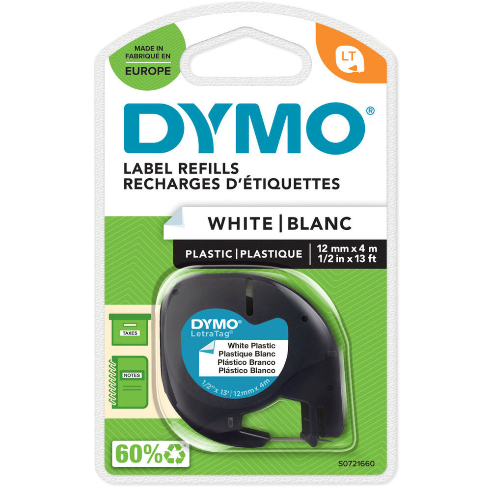 DYMO S0721660 Beyaz LetraTag Plastik Şerit (12mm x 4mt)